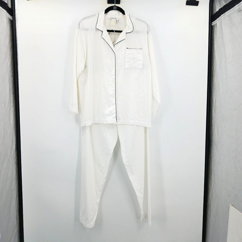 VTG Christian Dior White Striped Pajama Set CD Embroidered Pocket Designer Large - Picture 2 of 14